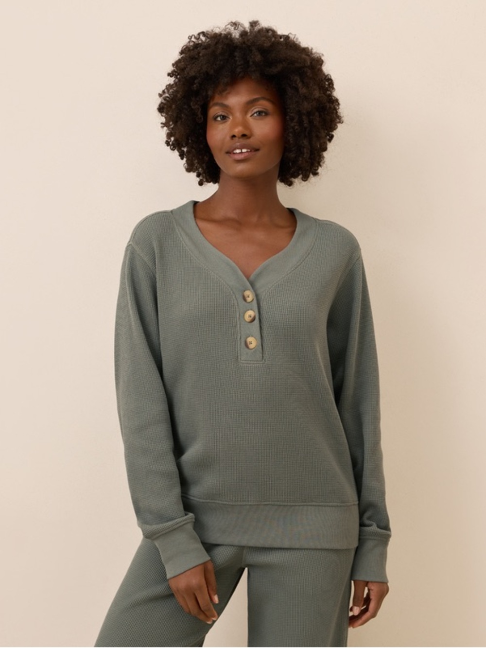 Women's Castor Green Thermal Waffle Henley  Set M